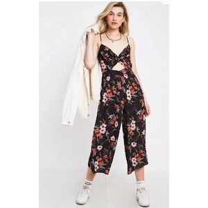 Urban Outfitters CUT OUT Floral Black Strappy Wide Leg Jumpsuit Women's Sz M